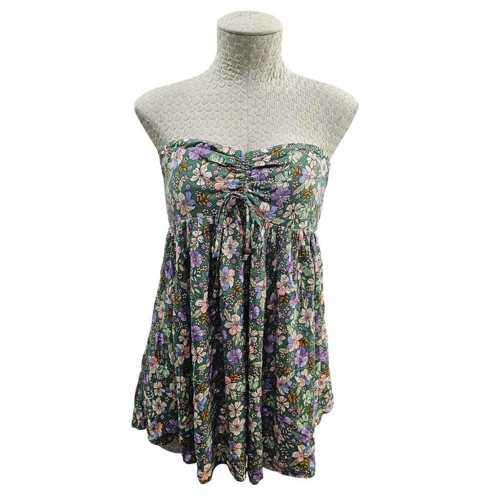 Sky to Moon Floral Strapless Babydoll Top Womens Small Green Boho Rayon Tie Back